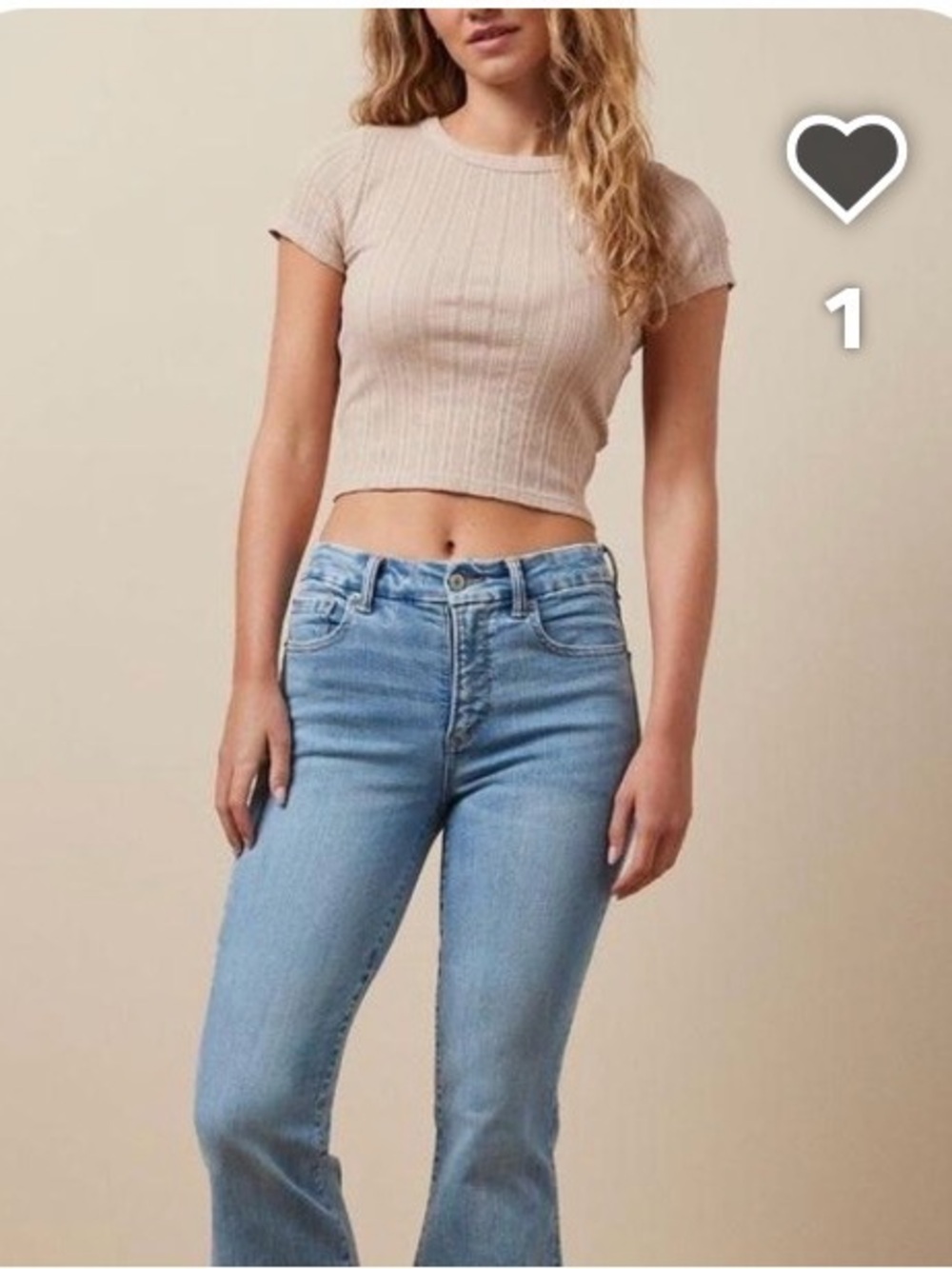 Ribbed Short-Sleeve Crop Top in Light Beige